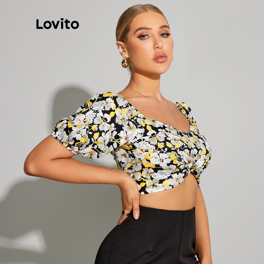 Lovito DAY &amp; NIGHT GLAMOR Elegant Floral Knot Smocked Bishop Sleeve Women Blouse L32LE007 (Nhiều màu)