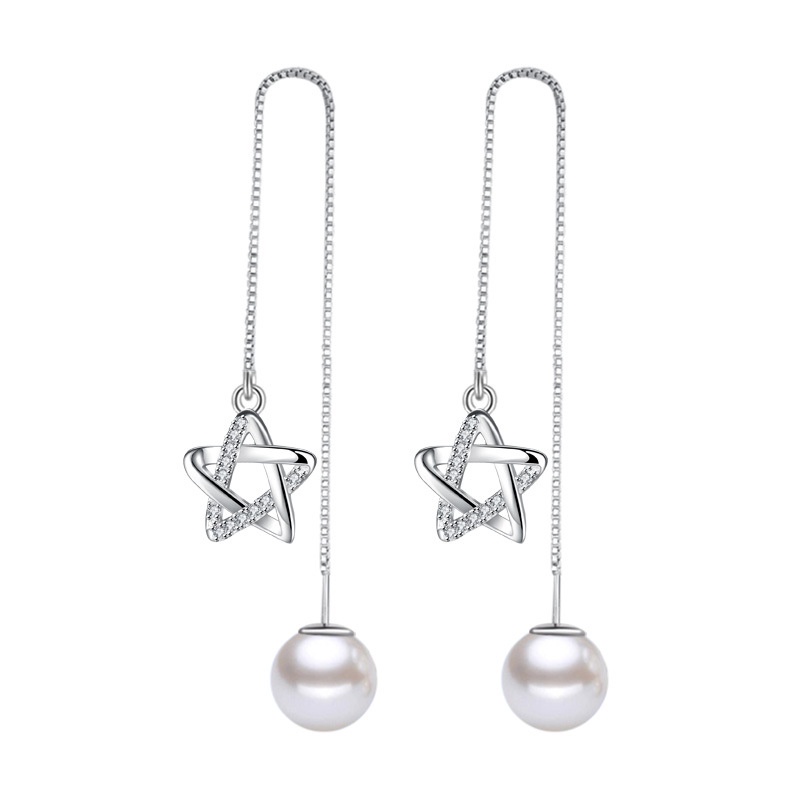 AIFEI♥ Silver 925 Original Pentagram Small Star Simple Pearl Front and Back Hanging Ear Chain Female Tassel Exaggerated Personality Pearl Long Ear Line-S1