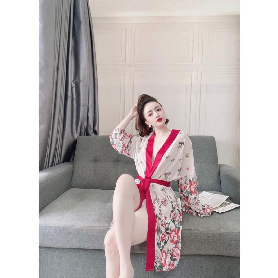 Áo Choàng Ngủ Sexy, Áo Ngủ Kimono Sexy, Áo Choàng Xuyên Thấu Chất Voan Hoa Phối Quần Satin Trơn Cao Cấp, Gợi Cảm, Thu Hú | BigBuy360 - bigbuy360.vn
