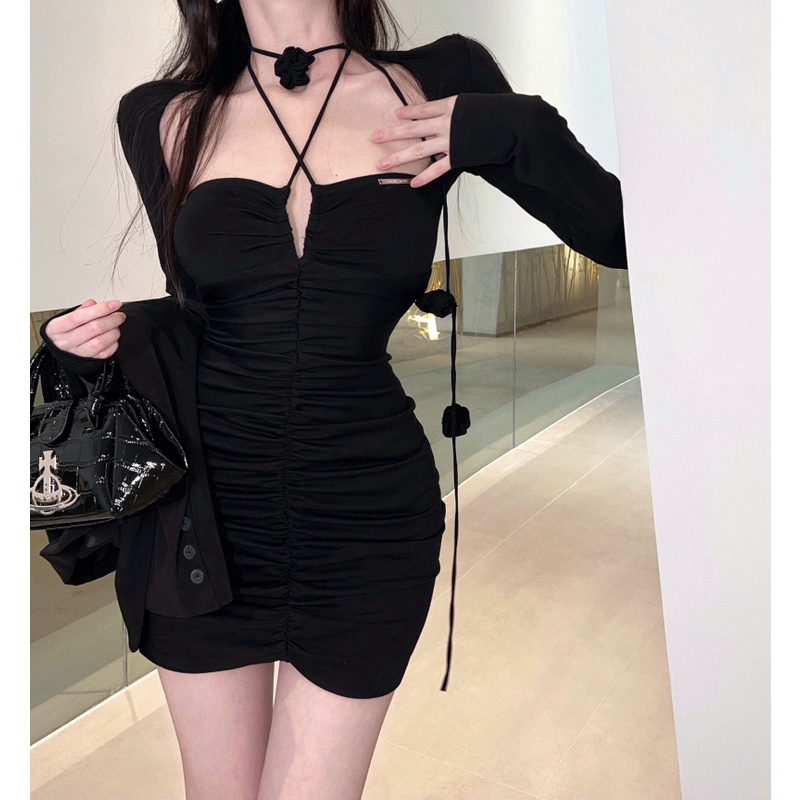 Đầm Đen Dài Tay Bó Hông Cột Dây Gợi Cảm Cho Nữ
