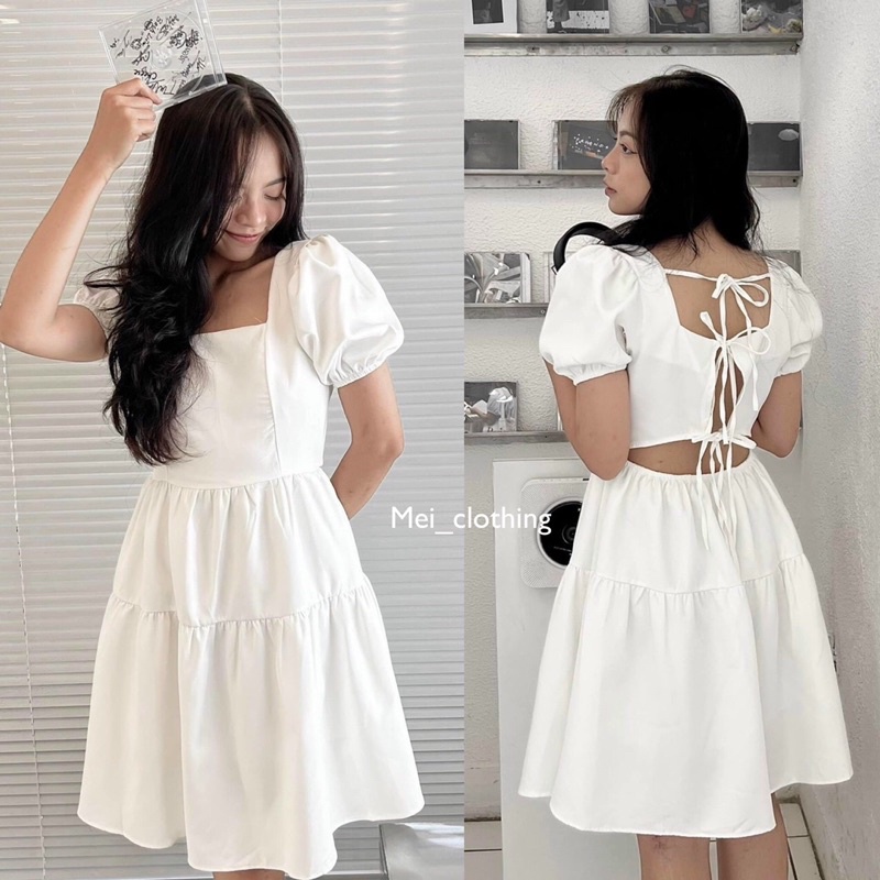 [Ảnh thật/video] Váy babydoll trắng kiểu buộc dây hở lưng quyến rũ