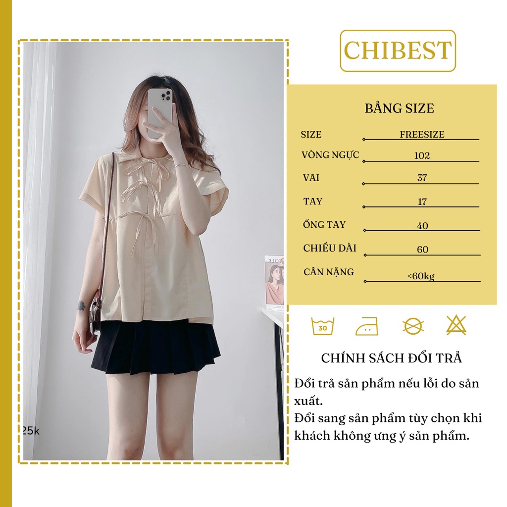 Áo sơ mi buộc dây babydoll cute cộc tay Áo cổ sen thắt nơ dáng rộng dễ thương CHIBEST DAB45