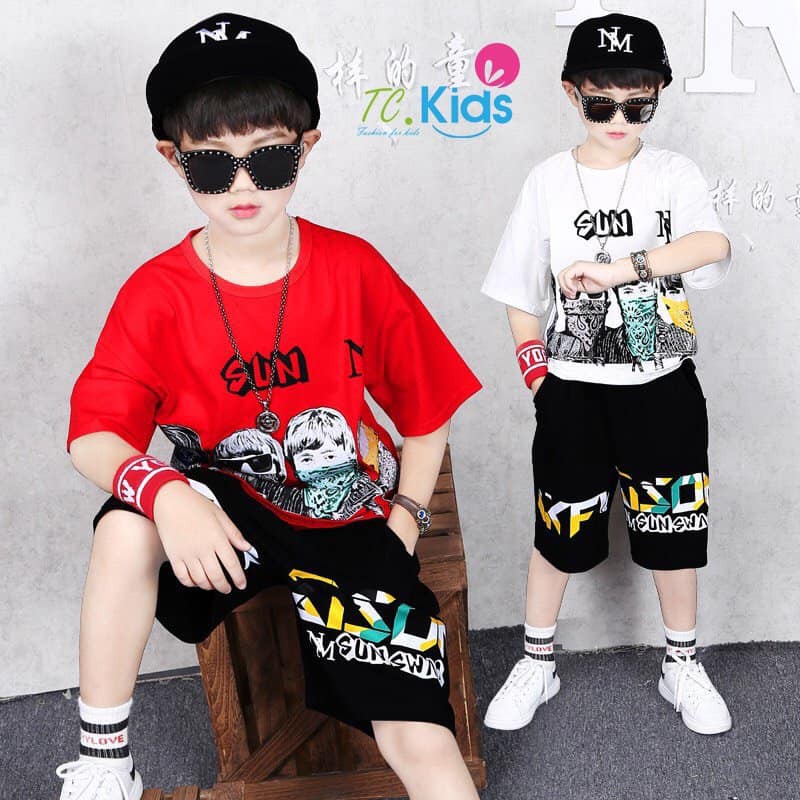 Bộ bé trai phong cách hip hop thun cotton xinh mát 4 màu phối như hình