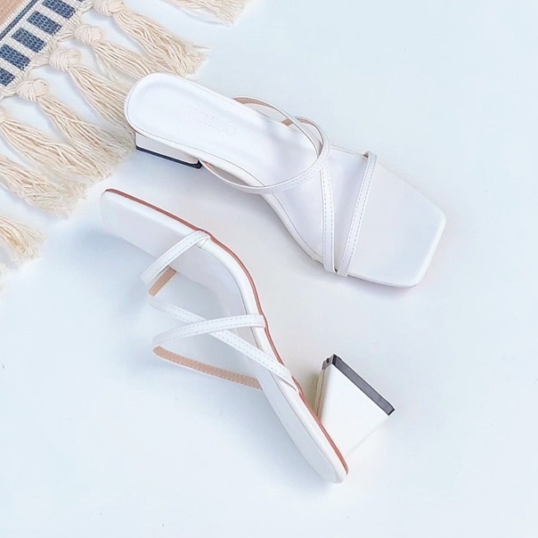 [SIÊU RẺ] Dép cao gót mũi vuông phối dây Hàn Quốc cao 5cm màu nude _ EM074 G502