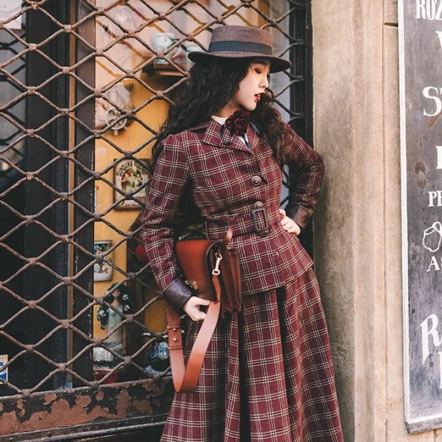 Set áo khoác vest + chân váy xòe kẻ đỏ cao cấp phong cách vintage siêu xinh ❤