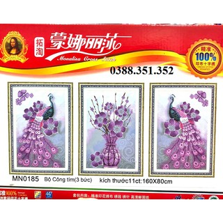 Tranh thêu chữ thập chim công bộ 3 bức mn0185 160*80cm thêu kín