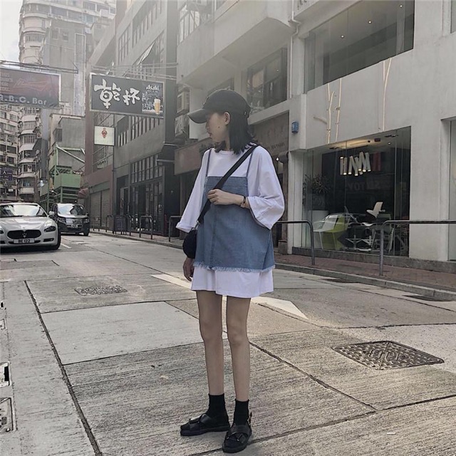 Set áo phông giấu quần + gile denim oversize Ulzzang