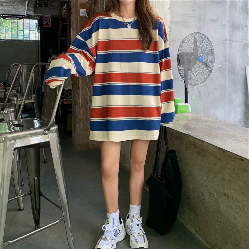Áo Thun Tay Dài Dáng Rộng Họa Tiết Kẻ Sọc Thiết Kế Mới Thời Trang Theo Phong Cách Hàn Quốc Dành Cho Nữ