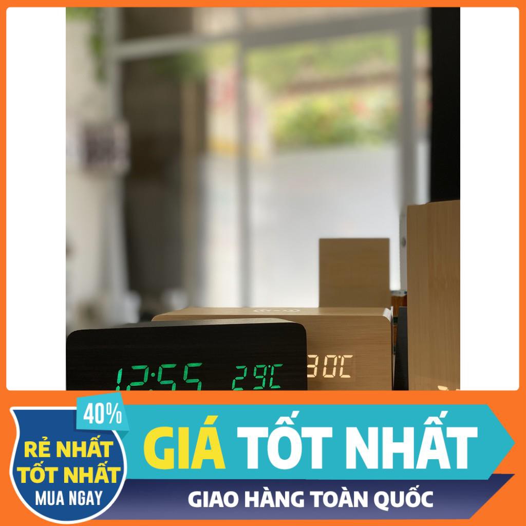 (HCM Freeship 50k) Đồng hồ LED để bàn giả gỗ hình chữ nhật - Báo thức - Nhiệt kế - Cảm ứng âm thanh