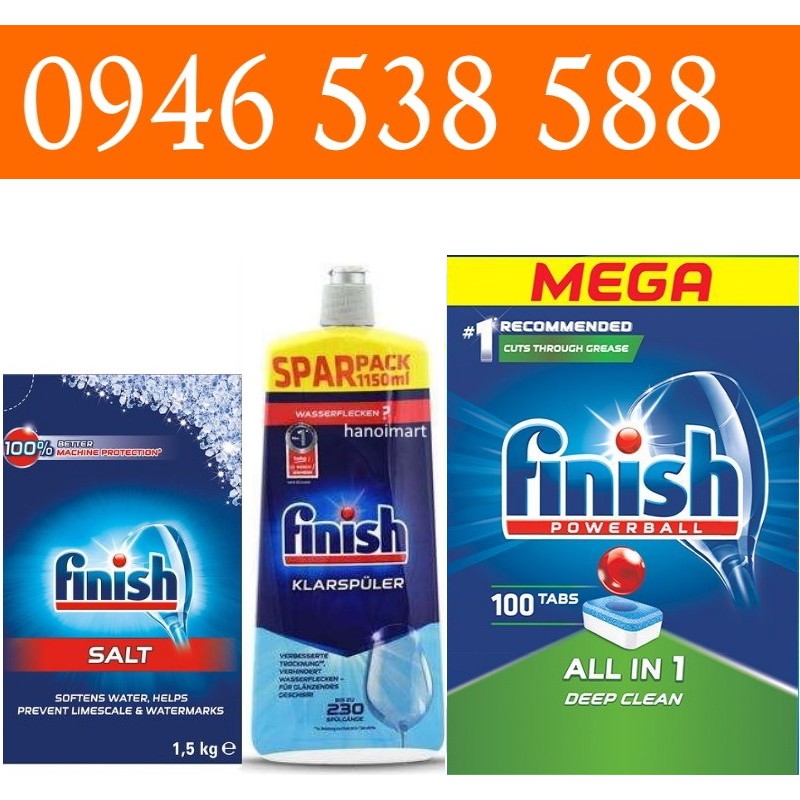 Combo Viên rửa chén Finish All in 1 120 viên + Muối rửa bát finish 1.5kg + Nước làm bóng bát chén 800ml làm khô và bóng