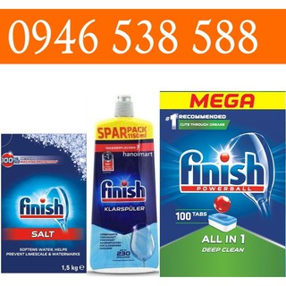 Combo rửa bát Finish Hộp All in one 100 viên, Muối 1.5kg, Nước làm bóng 1150ml