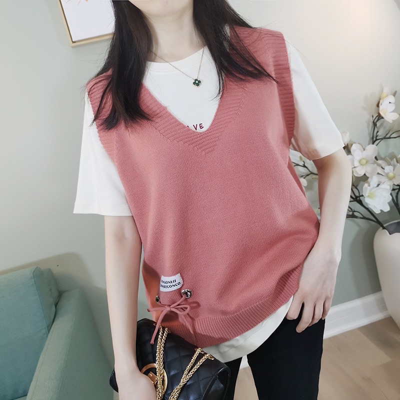Áo gile len nữ cổ V buộc nơ lệch dễ thương cho nữ shopbelinh