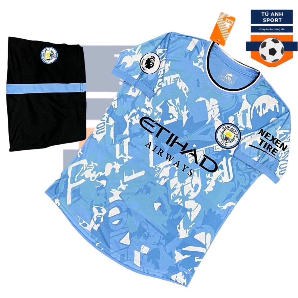 Bộ Quần Áo Bóng Đá Mancity Xanh Dương Quần Đen