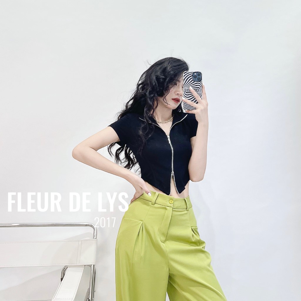 Áo croptop nữ Delys áo croptop ngắn tay khóa 2 chiều có đệm vai