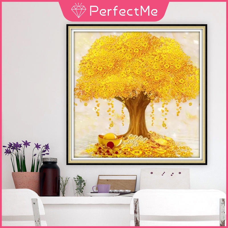 Tranh Đính Đá 5D Tự Làm Hình Cây Màu Vàng 50x50cm