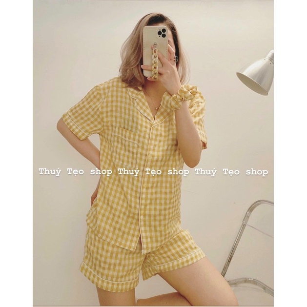 BỘ PIJAMA KẺ CARO CỘC TAY QUẦN ĐÙI - Bộ pijama kẻ mặc nhà