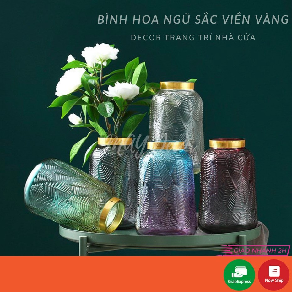 Bình Hoa Thuỷ Tinh, Lọ Hoa Thủy Tinh Viền Vàng Hoạ Tiết Chiếc Lá Vân Nổi, Bình Hoa Thủy Tinh Trang Trí Nội Thất