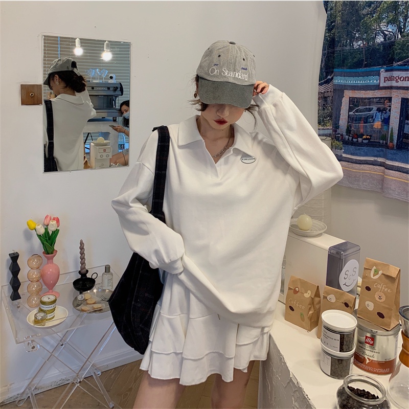 Set Áo Sweater Tay Dài Cổ Polo + Chân Váy Xếp Ly Thời Trang