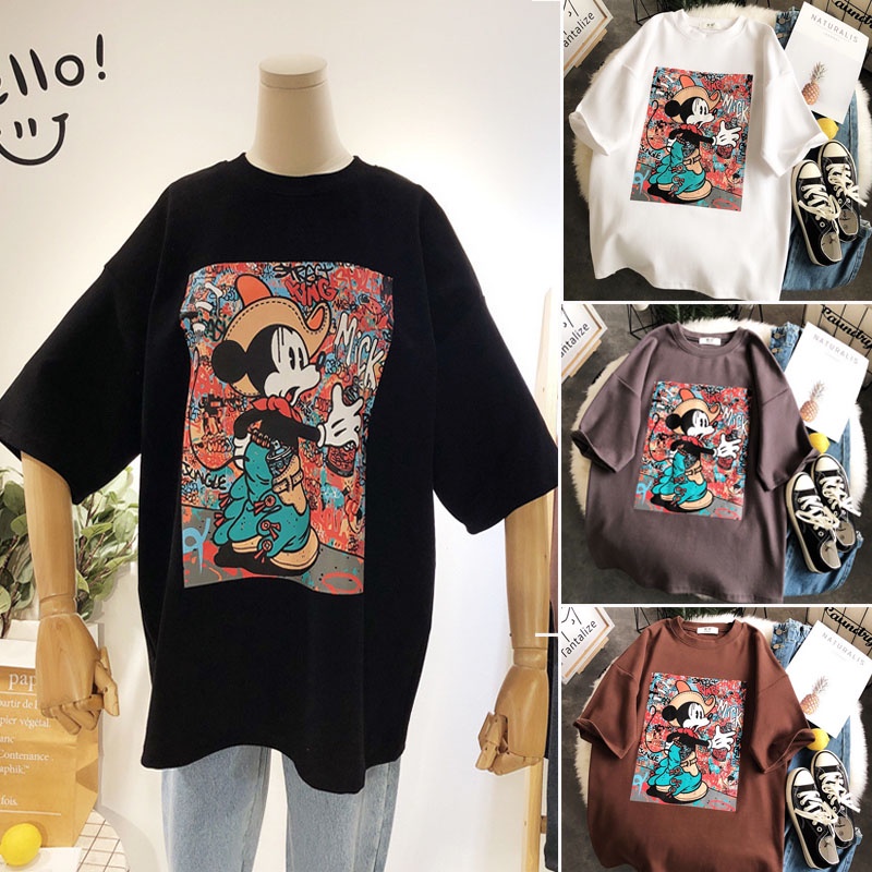 Áo Thun Cotton Tay Ngắn Dáng Rộng In Họa Tiết Hoạt Hình Màu Trơn Thời Trang Mùa Hè Phong Cách Hàn Quốc Cho Nữ 2XL