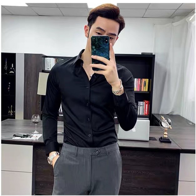 Áo Sơ Mi Nam Đen Trơn Hàn Quốc Cấp Dài Tay Vải Lụa Mịn Đẹp Thời Trang