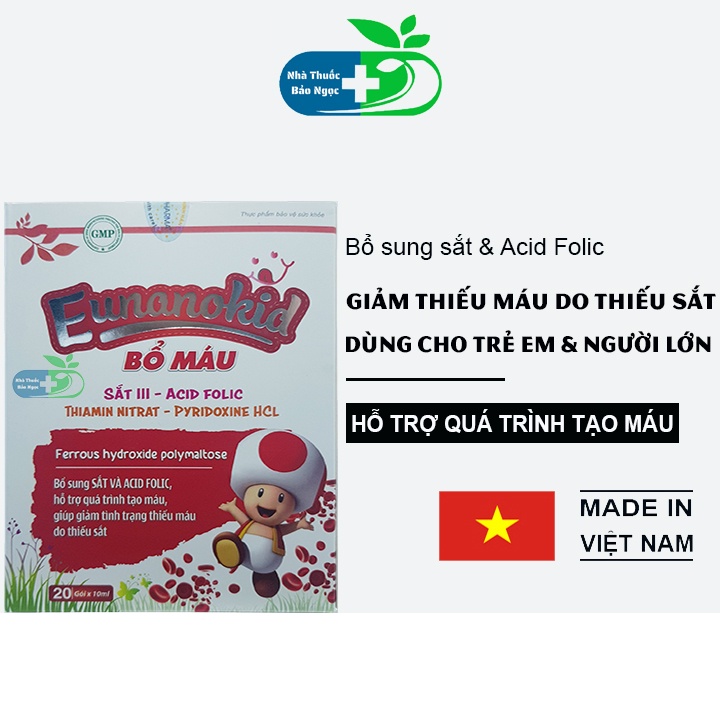 Eunanokid bổ máu bổ sung sắt và acid folic, hỗ trợ tạo máu, giúp giảm thiếu máu do thiếu sắt