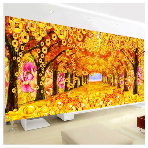 Tranh Đính Đá PHONG CẢNH RỪNG CÂY TIỀN VÀNG. Kích Thước: 1m x 41cm - 1m50 x 70cm