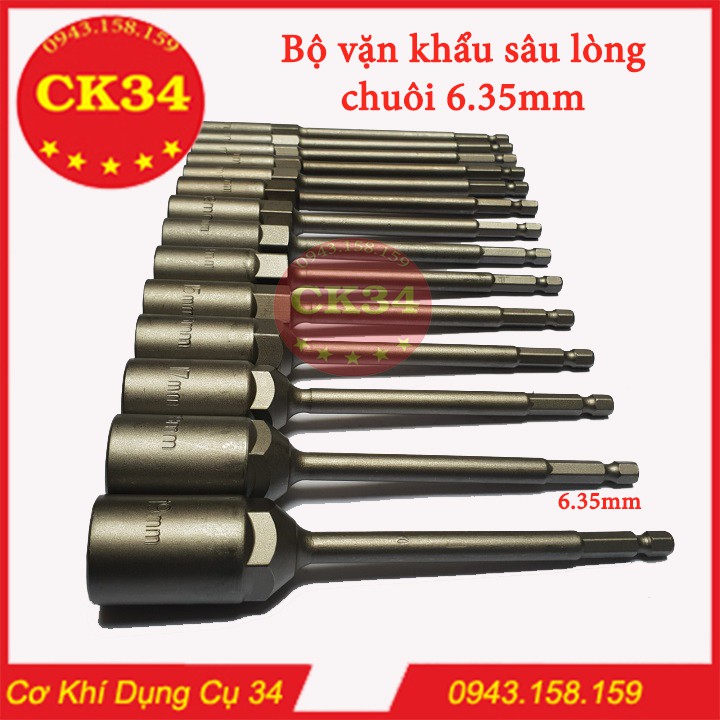 Chụp bulong, tuýp vặn khẩu sâu lòng 6-19mm cho khoan, bắn vít dài 150mm chuôi lục giác 14pc