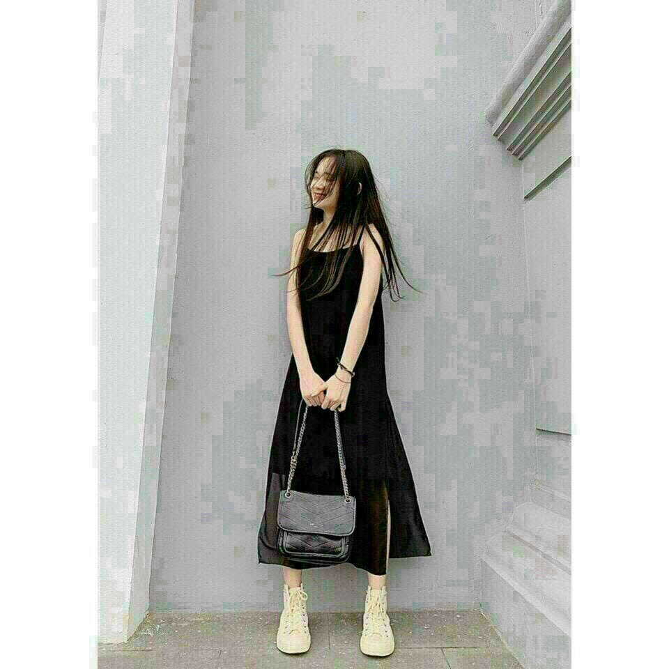 [9.9  Sales Freeship] Đầm voan basic trơn màu 2 dây xẻ tà, đầm maxi cổ vuông dáng dài qua gối đơn giản xinh xắn