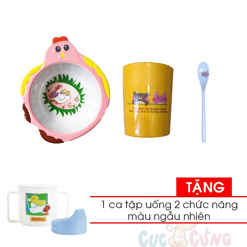 Bộ Tô cho bé tập ăn hình gà + ly uống nước in hình + muỗng cán dài Tặng 1 ca tập uống 2 chức năng màu ngẫu nhiên