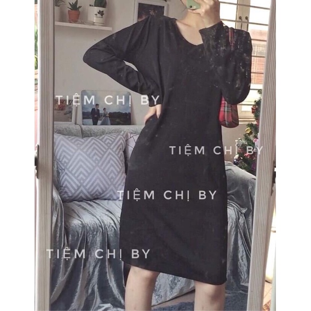 Đầm thun gân suông cổ v màu đen