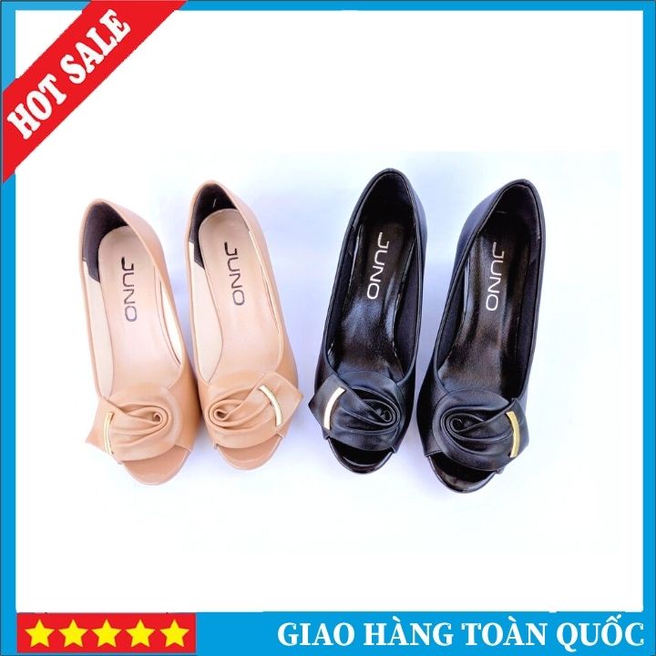 Giày Hè Nữ Nơ Bông Hở Mũi, Gót Vuông 3- 5-7cm Màu Đen, Cacao Da 2 Lớp Mềm Êm Full Size Từ 35 - 40