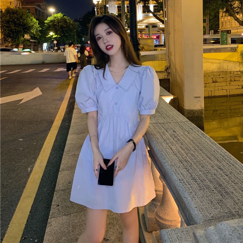 Đầm Sơ Mi Tay Ngắn Phồng Cổ polo Chiết Eo Dáng Chữ A Thời Trang Xinh Xắn Cho Nữ