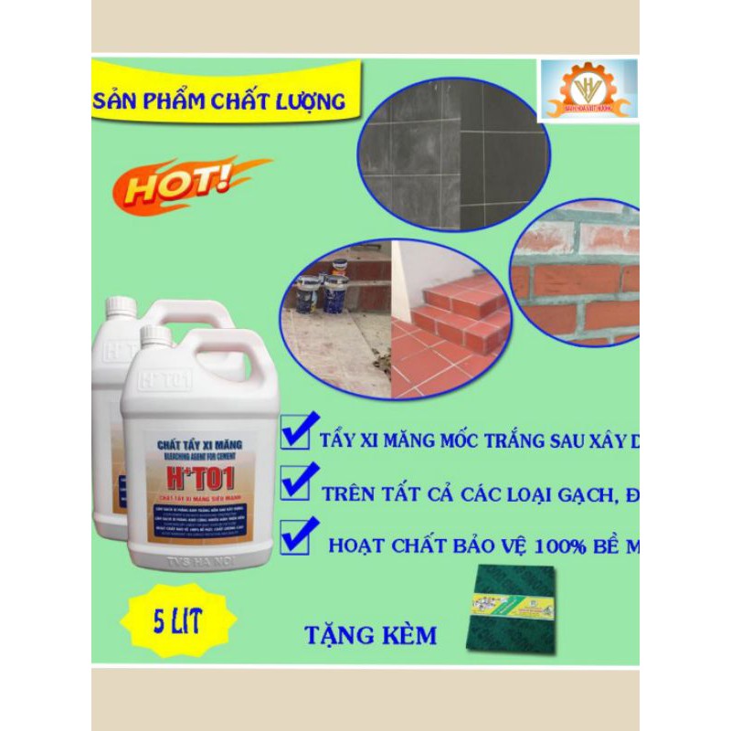 Chất tẩy xi măng HT01 can 5lít, nước tẩy gạch ron đa năng, ố vàng làm sạch mọi bề mặt, tặng kèm pad chà sàn