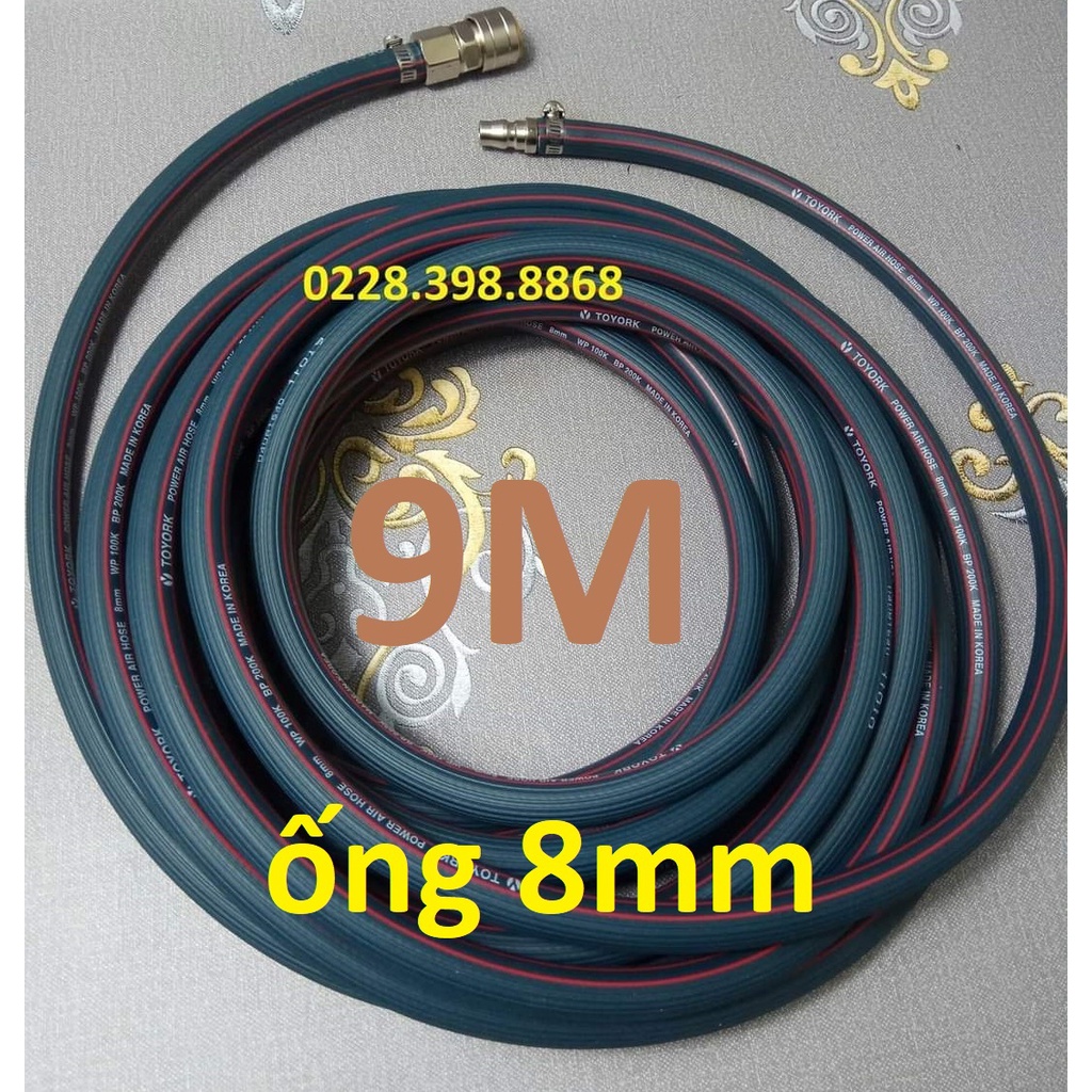 Dây hơi cao su bố vải 9m, made in Korea, lỗ 8mm, kèm bộ đầu nối nhanh cao cấp (SS1983) (SS6704)