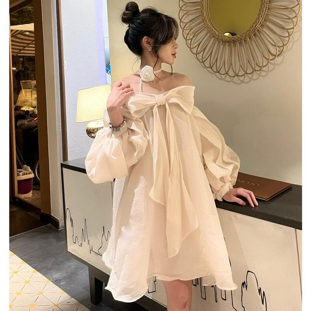 Đầm trễ vai tay phồng phối nơ 3 màu bigsize  n523