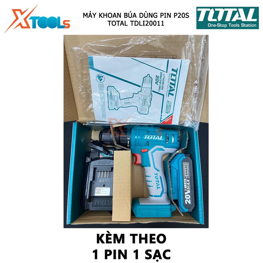 Máy khoan pin cầm tay 20V Total TDLI20011 hai tốc độ 400/1500v/p, siết 45nm, khả năng khoan 10mm, kèm theo 1 pin sạc, đầ