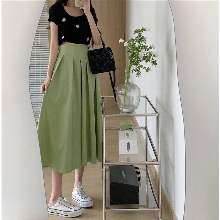 Chân váy dài xếp ly dài qua gối + Bản eo to , Váy chất liệu kaki mềm + lớp lót trong dày dặn xinh xắn , MS 20
