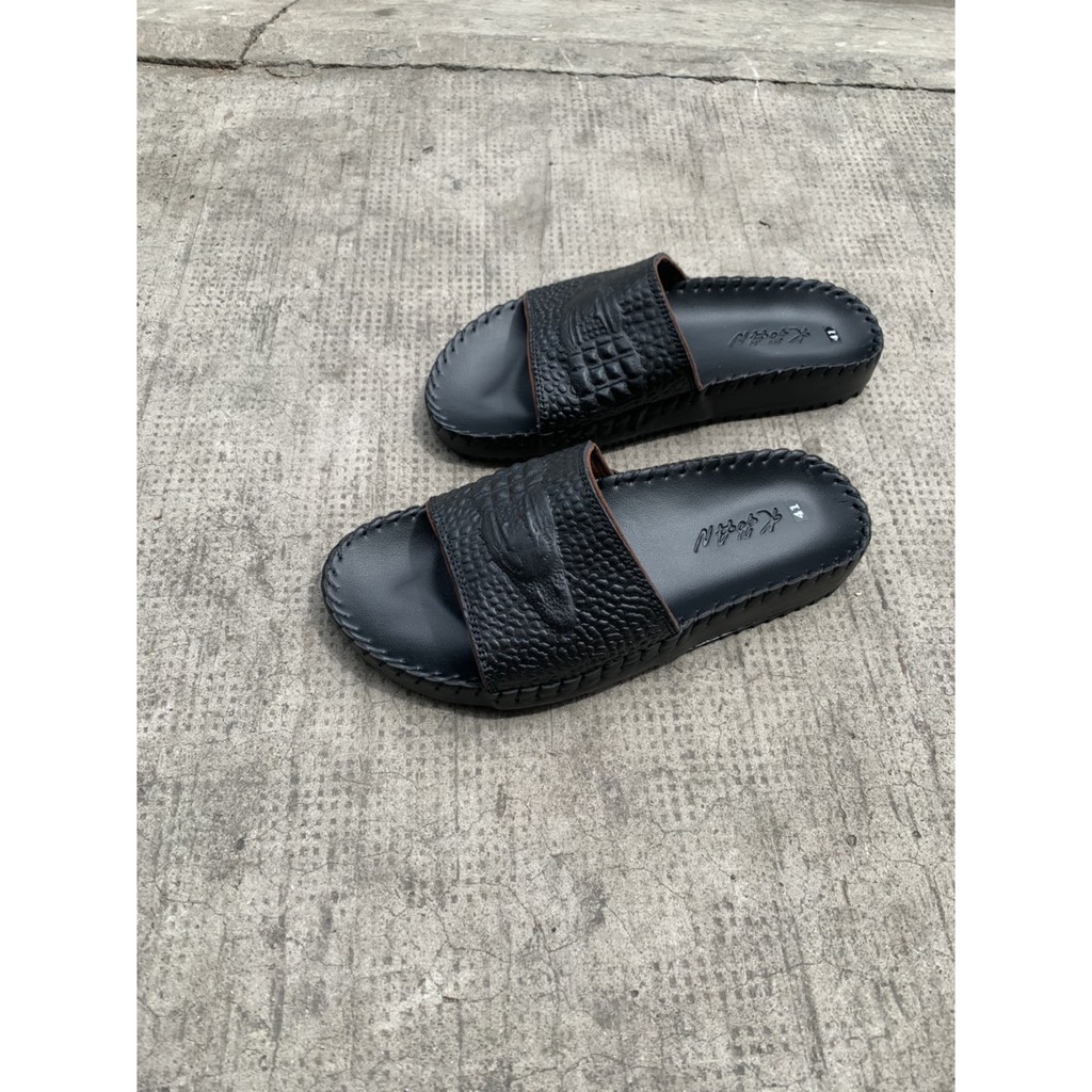 Dép quai da bò đế lõm dập Vân cá sấu đen K1