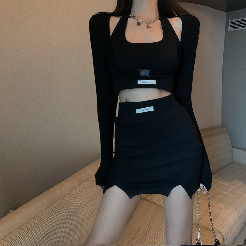 ♙❀áo thun ôm vừa vặn quần ống rộng âu nữ váy ngắn bộ đồ ba mảnh