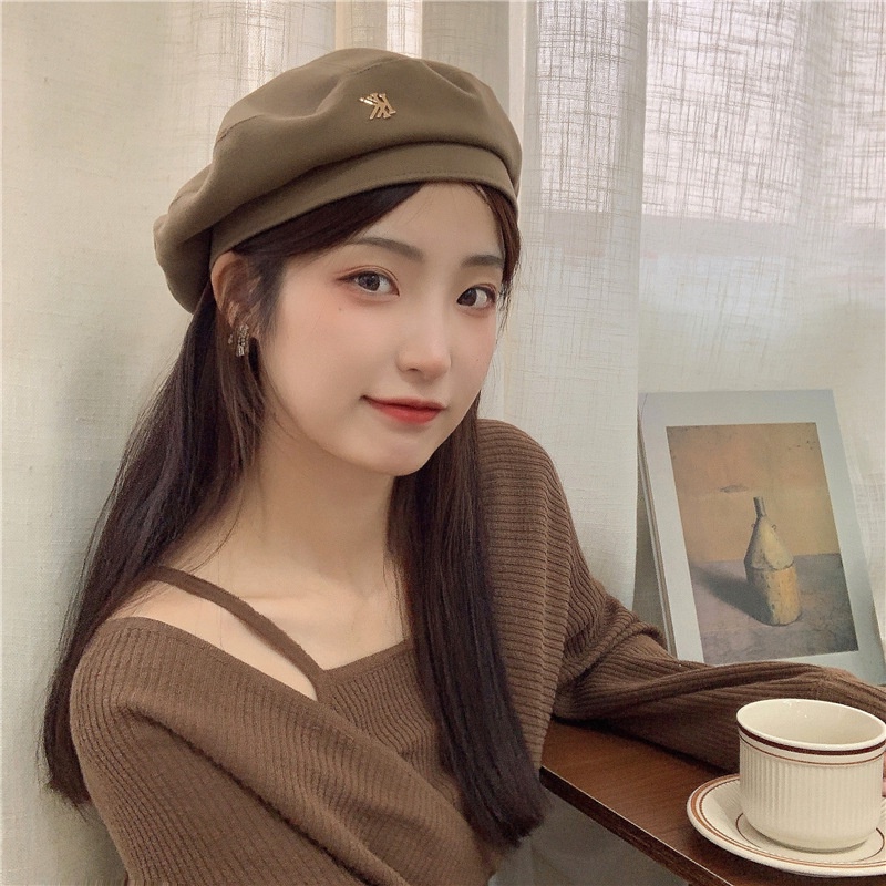 Mũ beret màu đen bằng len và kim loại phong cách Hàn Quốc thời trang thu đông cá tính retro cho nữ