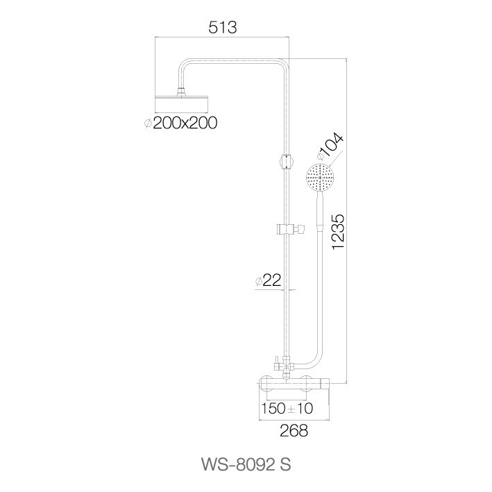 Bộ sen cây phun mưa nóng lạnh, bát sen vuông 8", vòi sen nóng lạnh - WS-8092S - INOX SUS 304 ( Sản xuất tại ThaiLand )