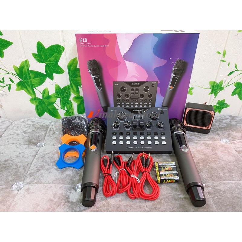 Mixer ZANSONG K18 – Mixer Kiêm Soundcard Cùng 2 Micro Karaoke Thu Âm Chuyên Nghiệp