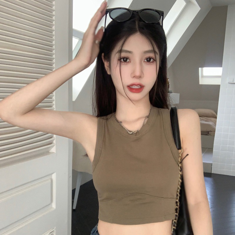 Áo Croptop Sát Nách Cổ Tròn Màu Sắc Đơn Giản Có Mút Đệm Ngực Thời Trang Mùa Hè Cho Nữ