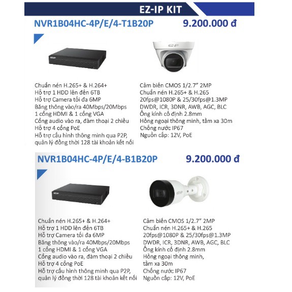 Bộ Kit 4 Camera Wifi EZ-IP Thân ngoài trời NVR1B04HC-4P/E/4-B1B20 hoặc Dome bán cầu trong nhà NVR1B04HC-4P/E/4-T1B20P