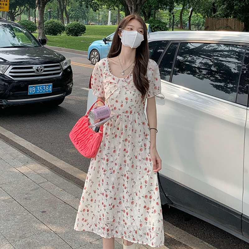 Đầm midi Perty cổ vuông thời trang mùa hè Hàn Quốc ngọt ngào dành cho nữ