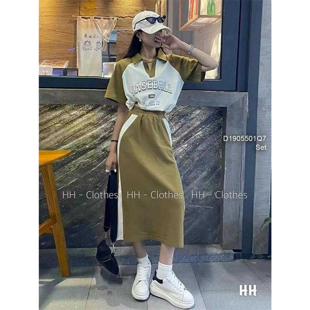 Set áo croptop bẹt vai phối chân váy kaki xếp ly lưng đan dây