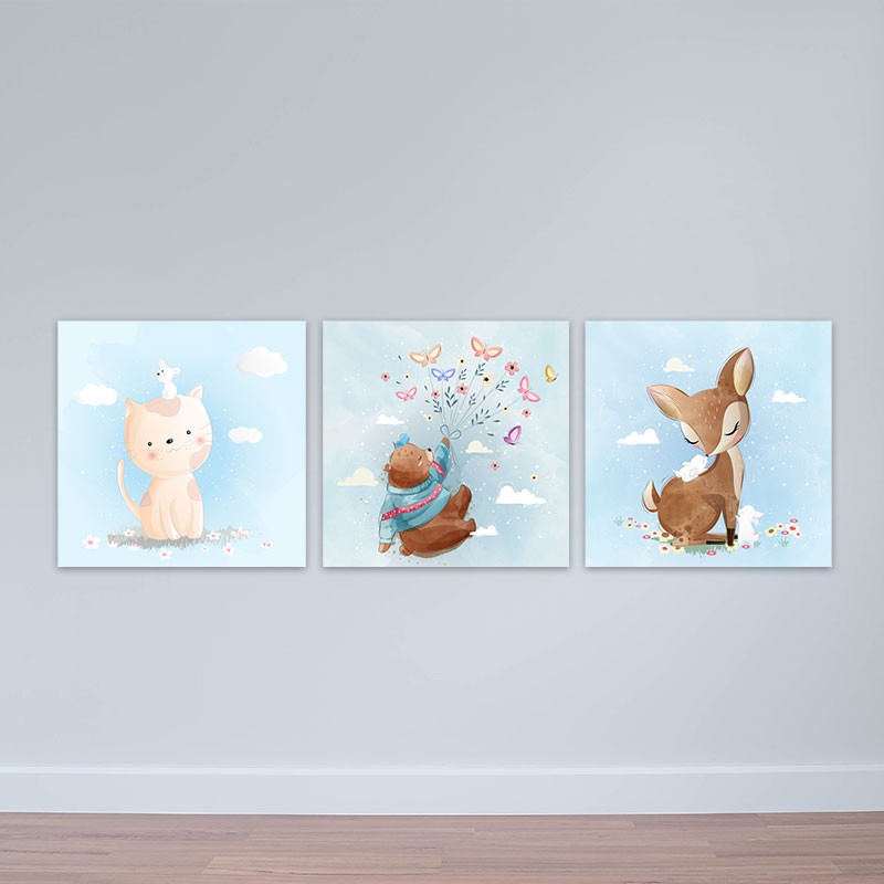 Bộ 3 tranh cho trẻ em “Những con vật đáng yêu” | Tranh trang trí phòng ngủ em bé W3378