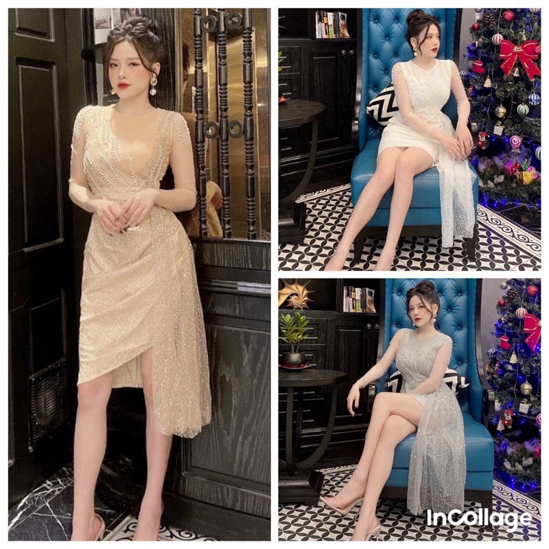 Đầm body kim tuyến đính Ngọc cao cấp ( đầm dự tiệc cao cấp) tặng hoa tai thời trang