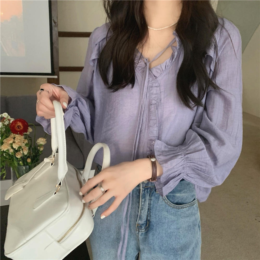 Áo Kiểu Tay Dài Cổ Chữ V Phối Ren Xếp Ly Thời Trang 50147