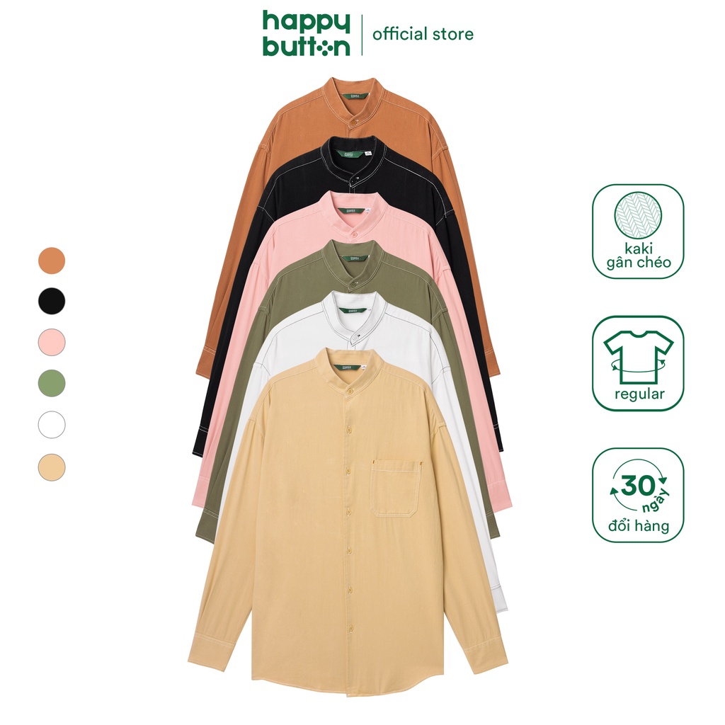 Áo Sơ Mi Nam Cổ Trụ Phối Chỉ Màu - vải kaki, form regular fit - Happy Button
